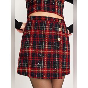 Lulus Adorably Posh Navy Blue and Red Plaid Tweed Faux-Wrap Mini Skirt